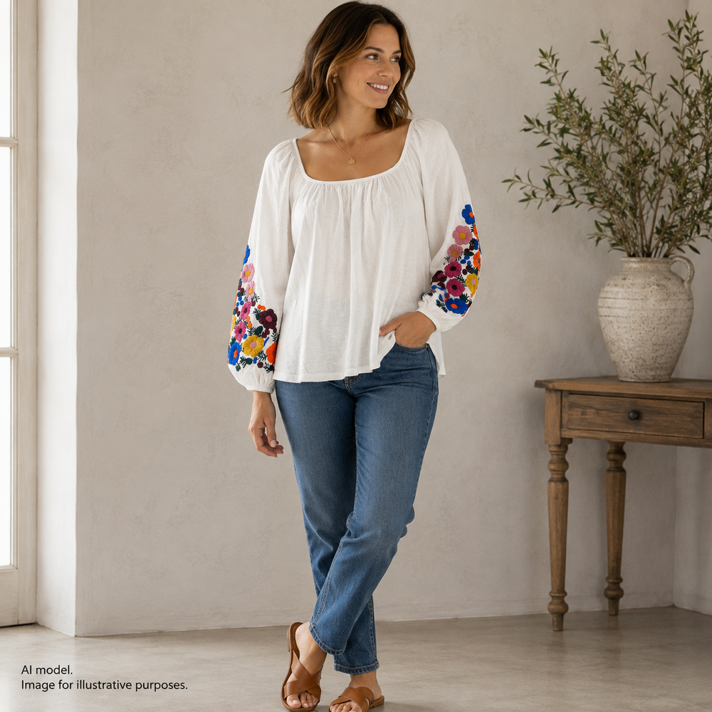 Boden Shirt Womens 6 UK 10 White Hayden Square Neck Embroidered Boho Jersey Slub